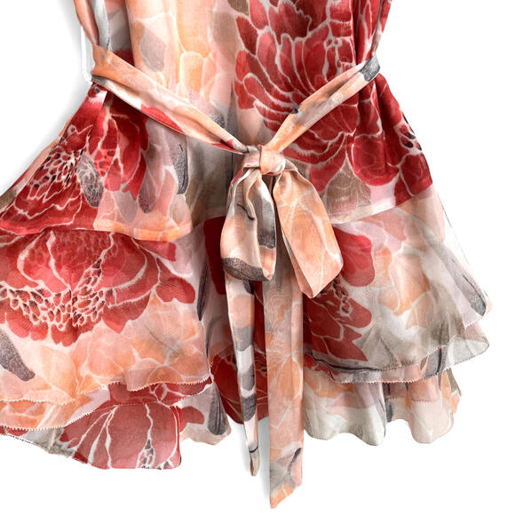WHBM Sleeveless Floral Tie Waist Tunic Small Semi-Sheer Ruffle Salmon Pink Coral - Picture 4 of 9